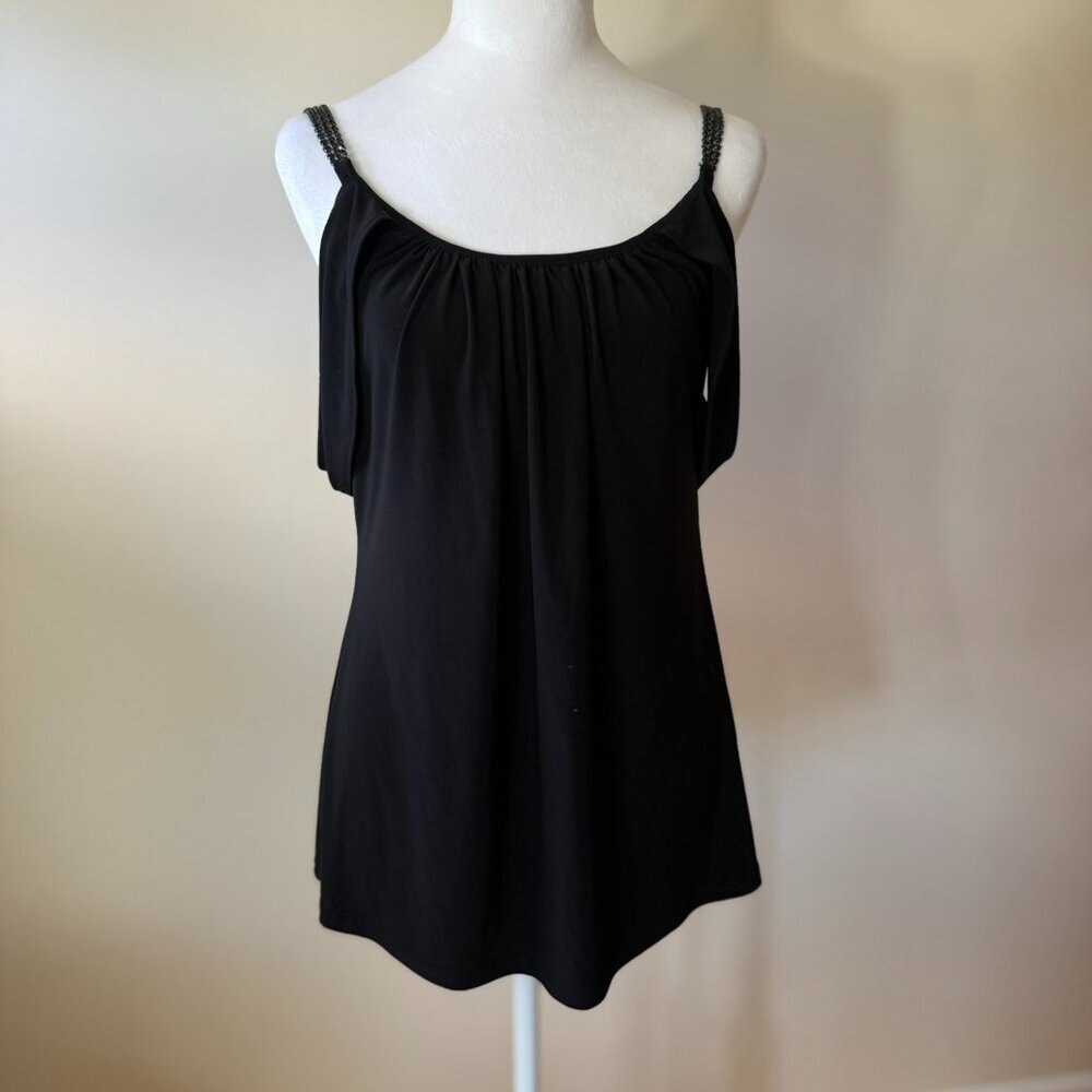 Linda Segal Black Off the Shoulder Rhinestone Strap Black Top Womens XS Y2K